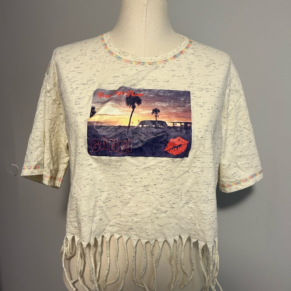 Ganni Cream Scenic Graphic Fringe Crop Top